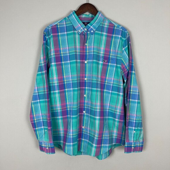 Vineyard Vines Shirt Men Large Slim Fit Tucker Button Up Casual Dress Green Blue - Picture 1 of 9